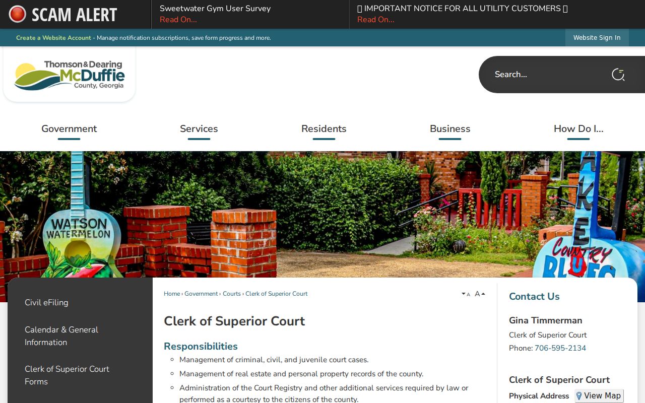 McDuffie County Clerk of Superior Court contact and record access notice