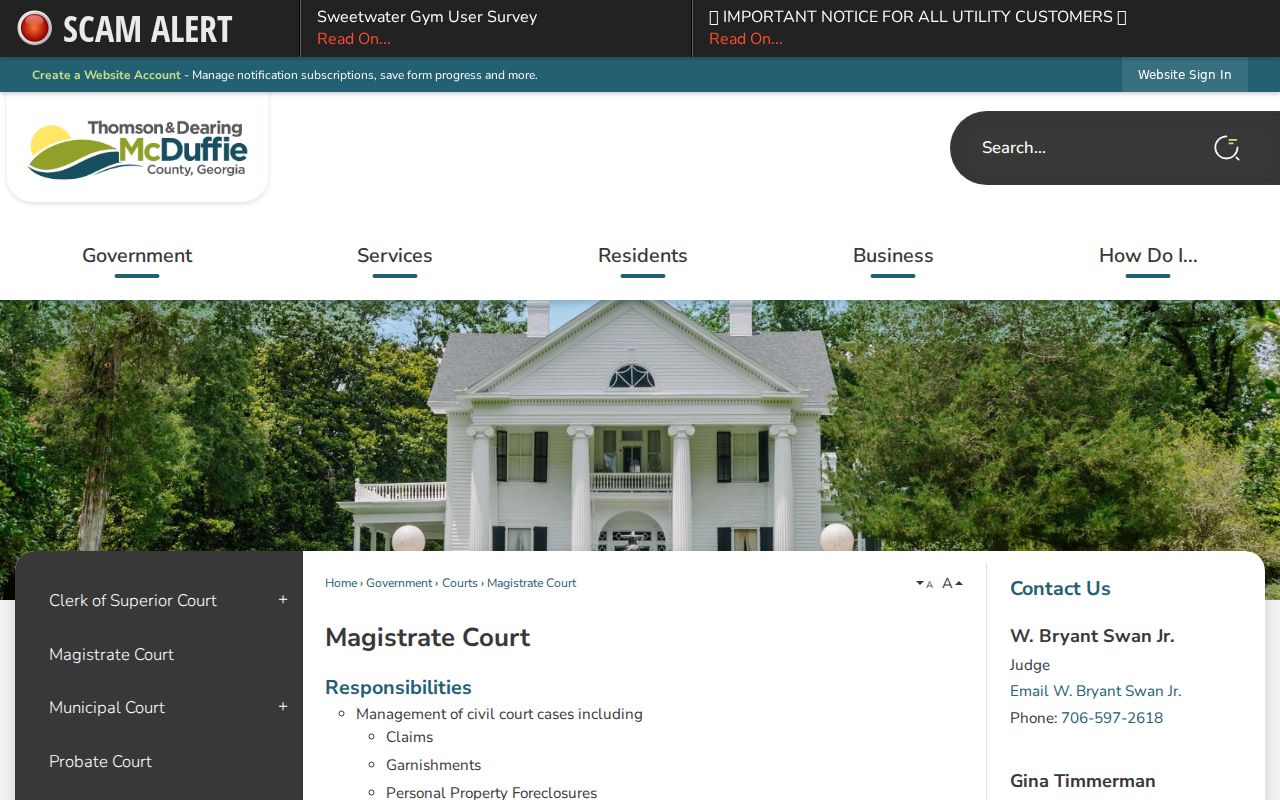 McDuffie County Magistrate Court warrant responsibilities and contact