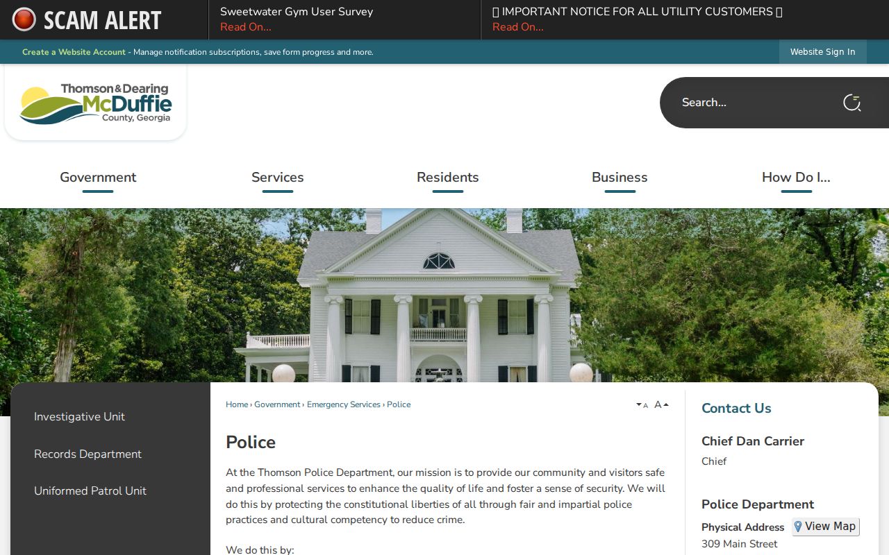 Official Thomson Police Department contact and service page
