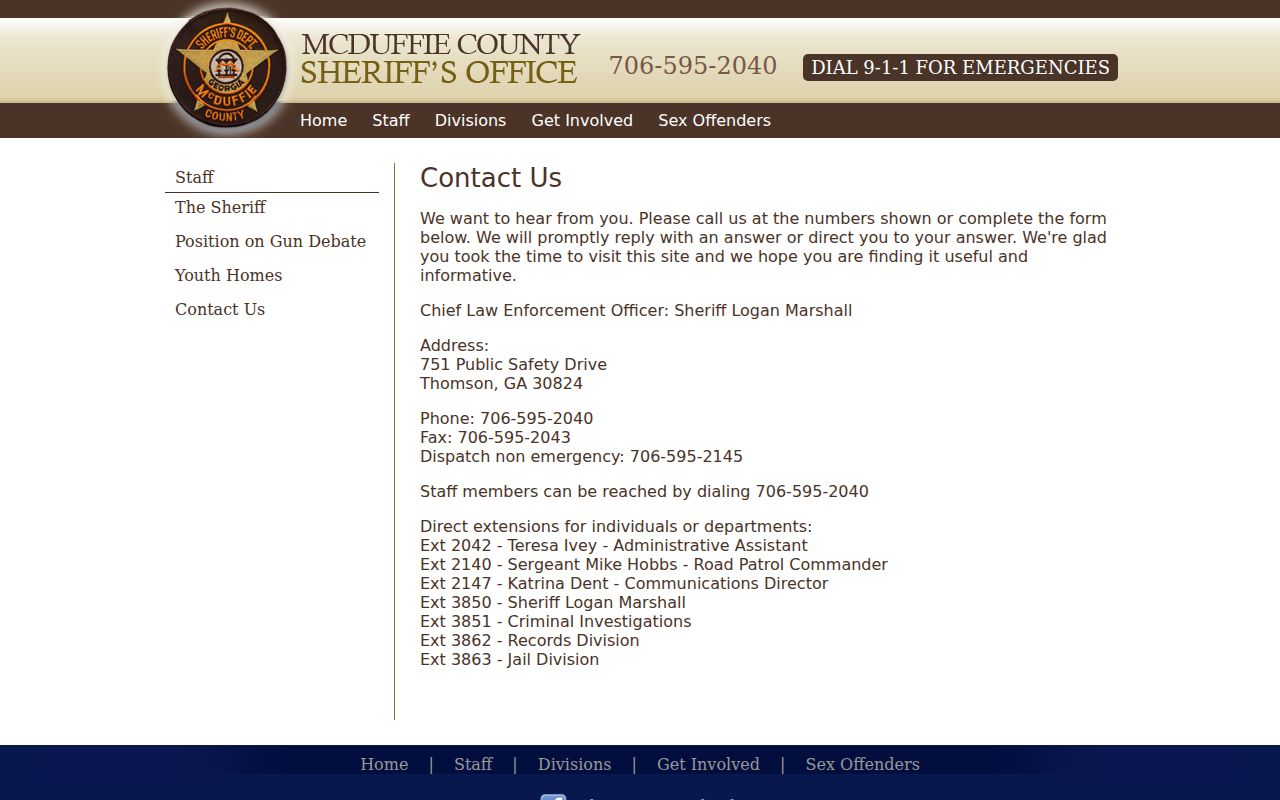 McDuffie County Sheriff contact blocks for records and warrant inquiries