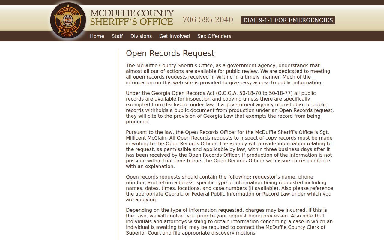 McDuffie Sheriff written Open Records request instructions
